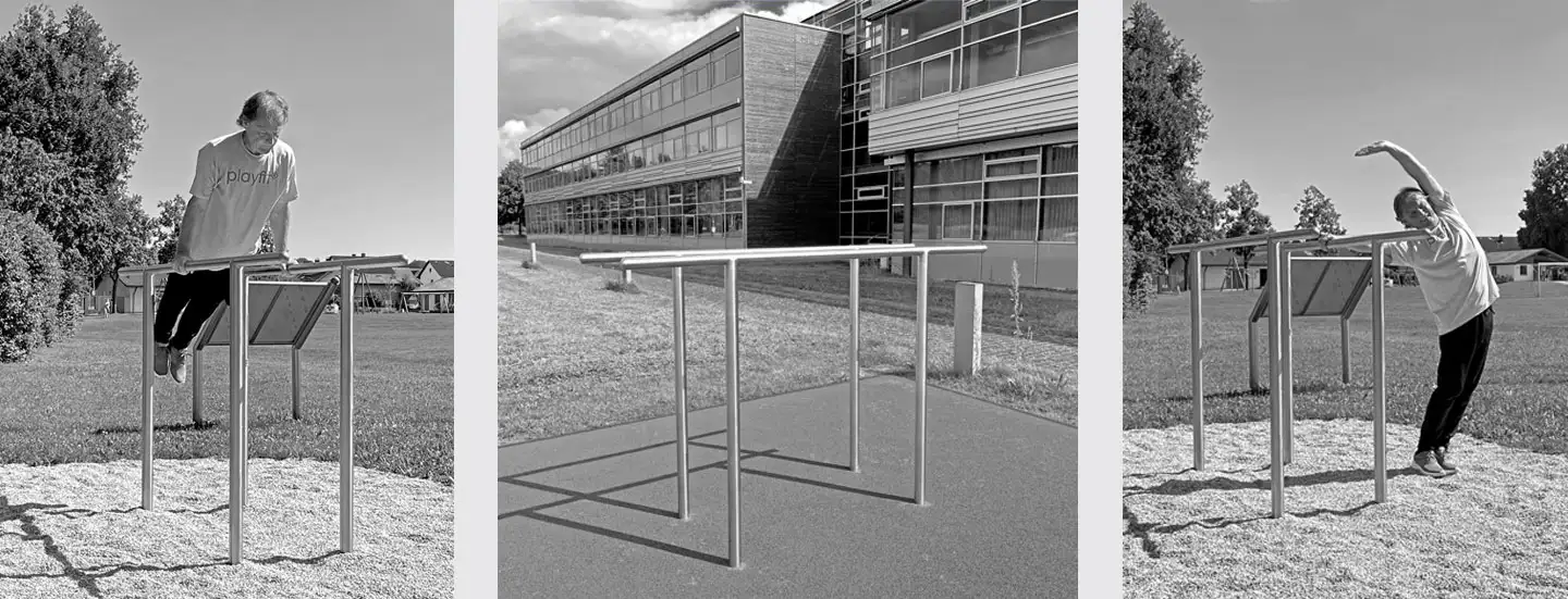 Slider Barren trainierender Mann am Fitnessgerät Barren