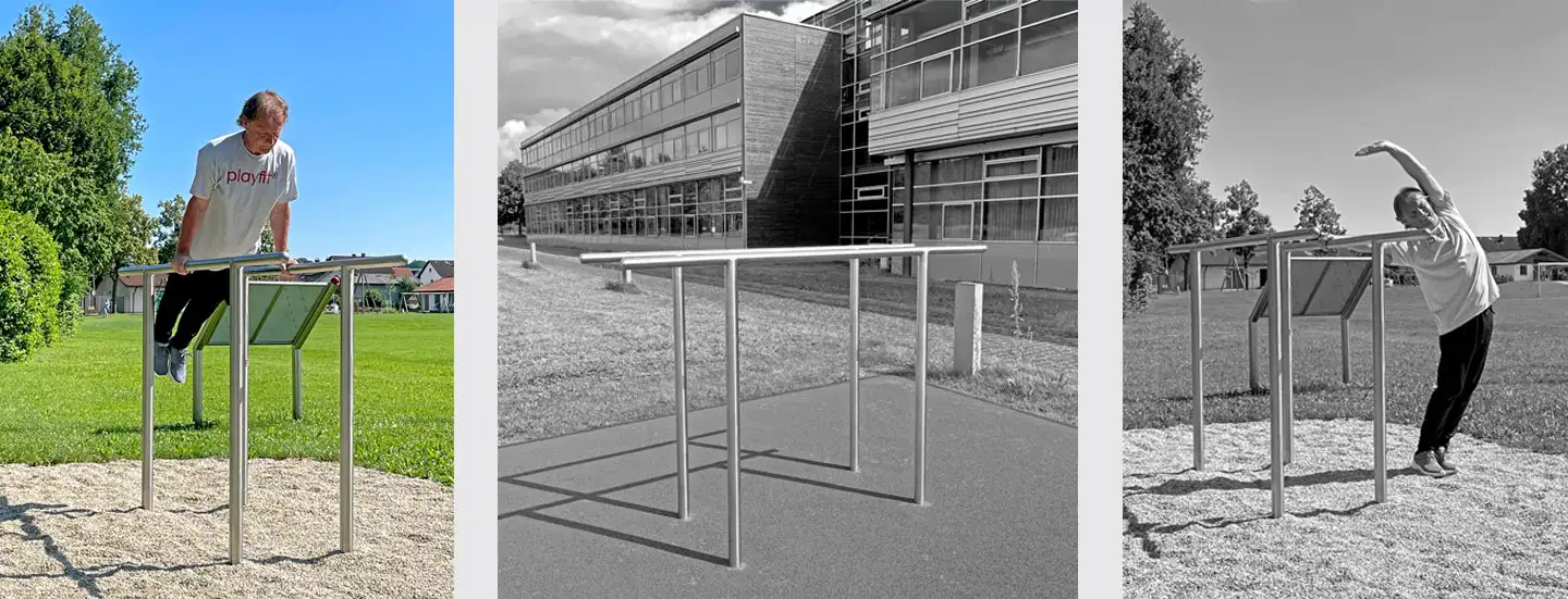 Outdoor-Trainingsgerät mit parallelen Stangen, Mann führt Dips und Dehnübungen durch.