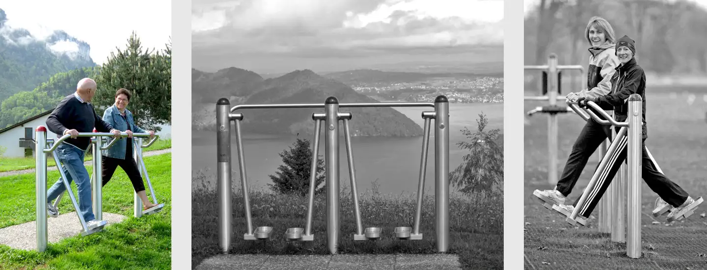 Ein trainierendes Pärchen, Fitnessgerät Beintrainer, zwei trainierende Frauen
