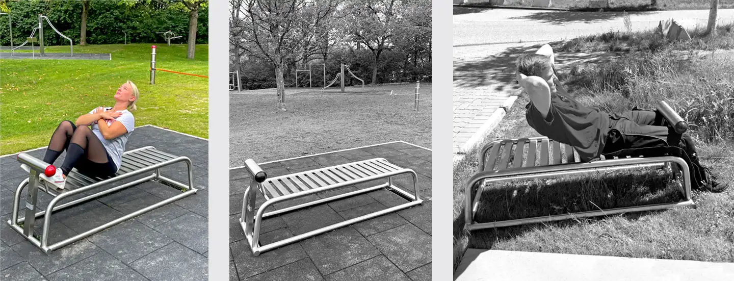 trainierende Frau, Fitnessgerät Bauchtrainer, trainierender Mann