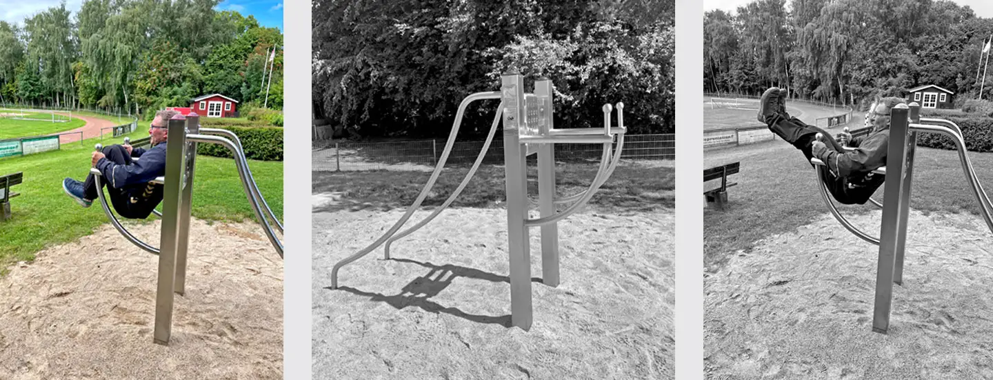 trainierender Mann, Fitnessgerät Beinheber-Liegestütz-Kombitrainer, trainierender Mann