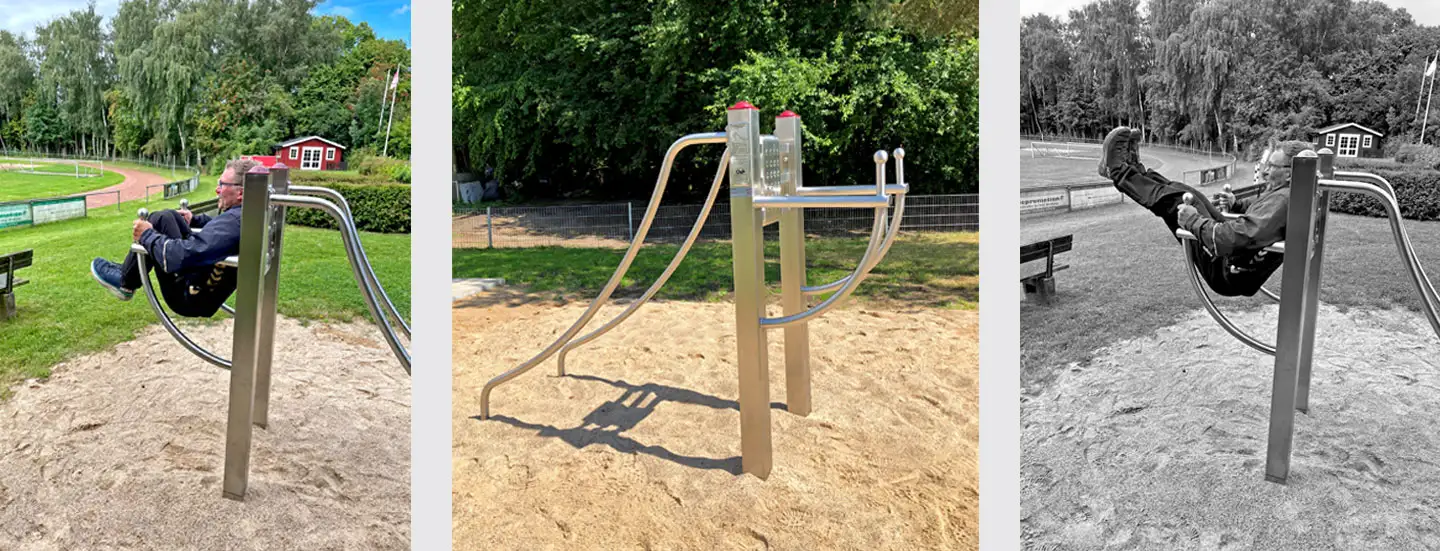 trainierender Mann, Fitnessgerät Beinheber-Liegestütz-Kombitrainer, trainierender Mann