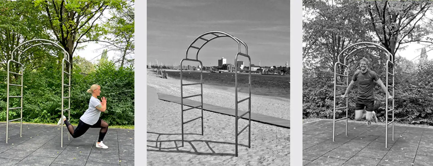 trainierende Frau, Fitnessgerät Calisthenicsanlage MICRO, trainierender Mann