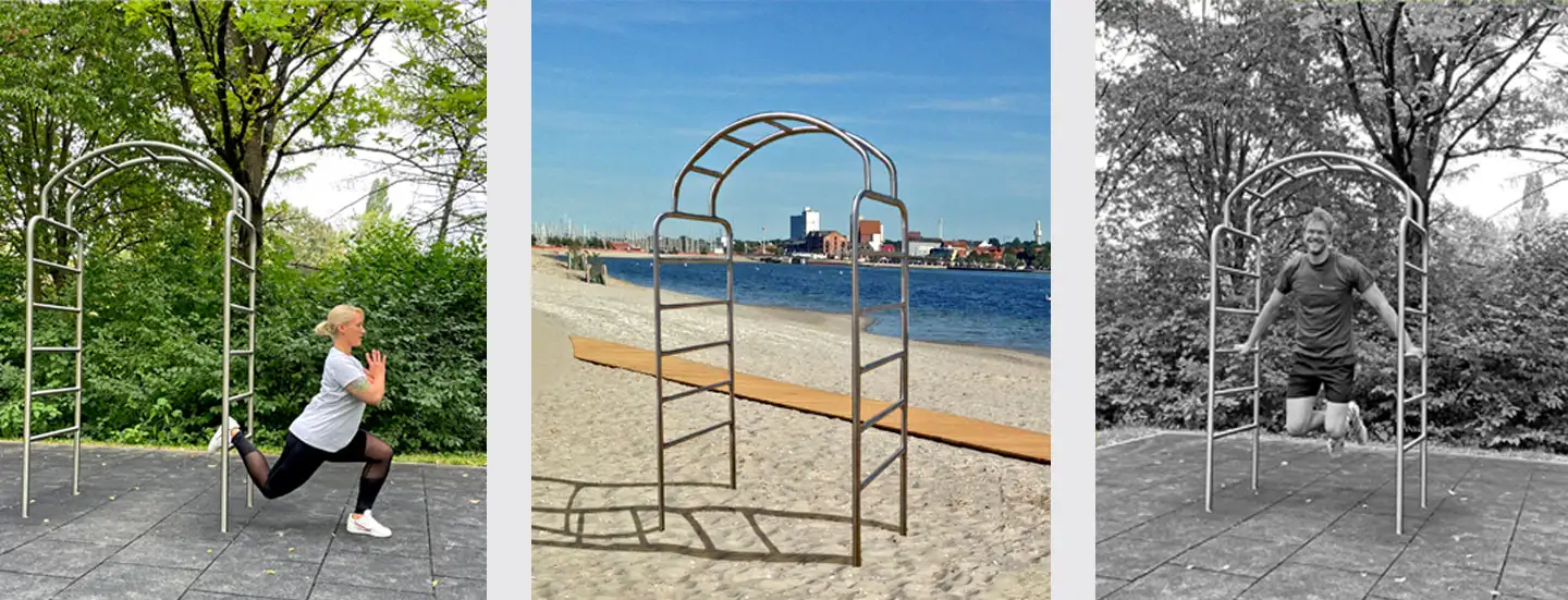 trainierende Frau, Fitnessgerät Calisthenicsanlage MICRO, trainierender Mann