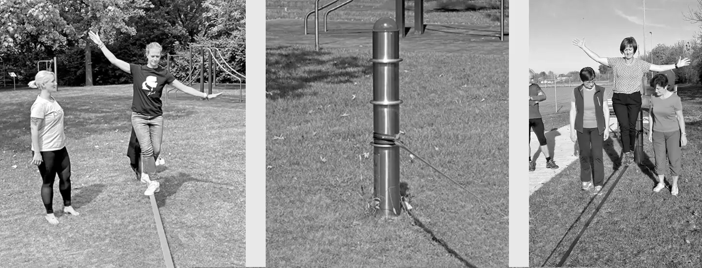trainierende Frau, Fitnessgerät Slackline, trainierende Frau mit Unterstützern