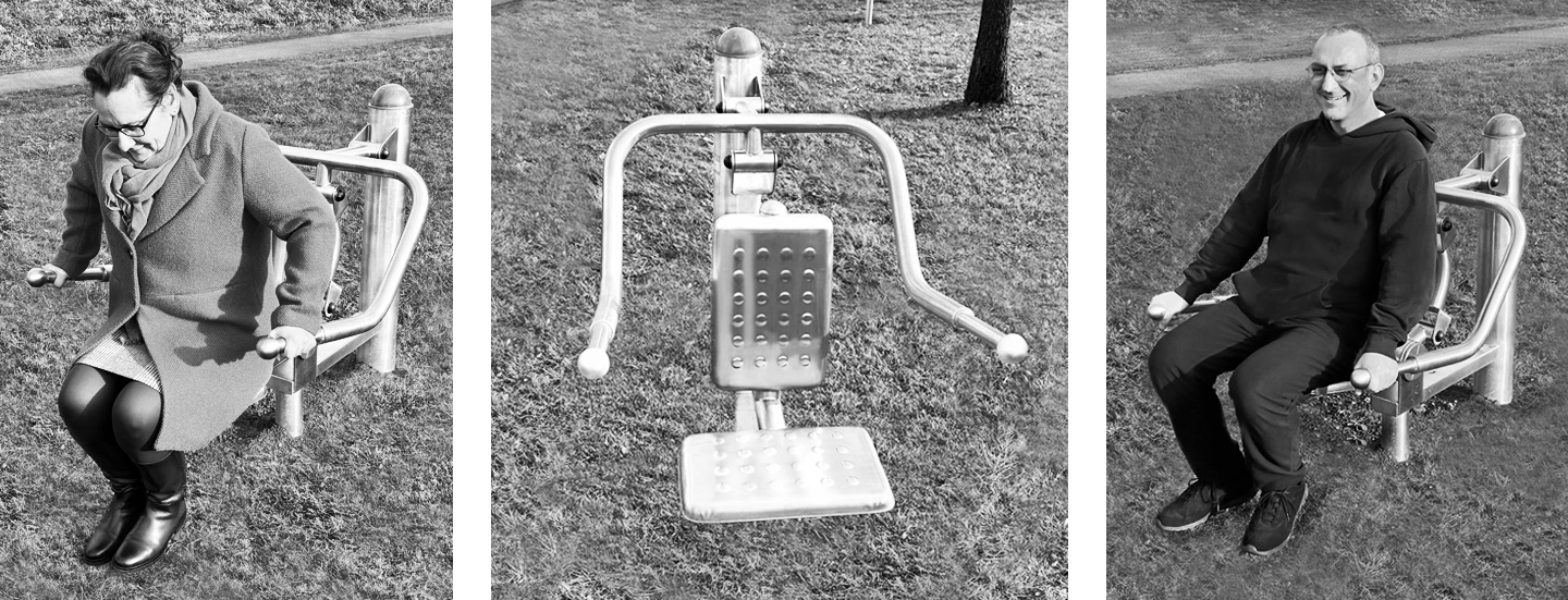 Fotocollage des Beintrainers, ein trainierendes Pärchen, Fitnessgerät, zwei trainierende Frauen