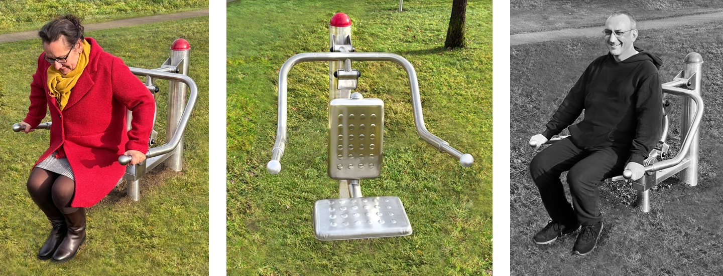 Ein trainierendes Pärchen, Fitnessgerät Beintrainer, zwei trainierende Frauen