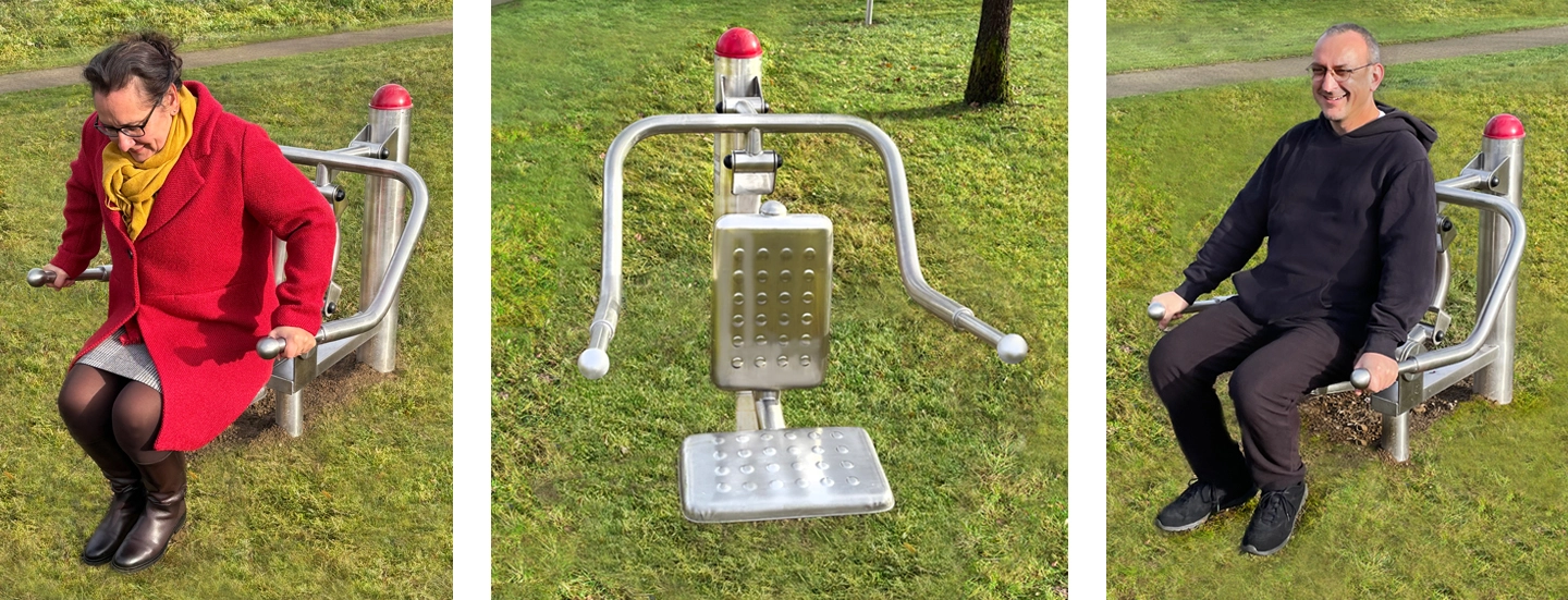 Ein trainierendes Pärchen, Fitnessgerät Beintrainer, zwei trainierende Frauen